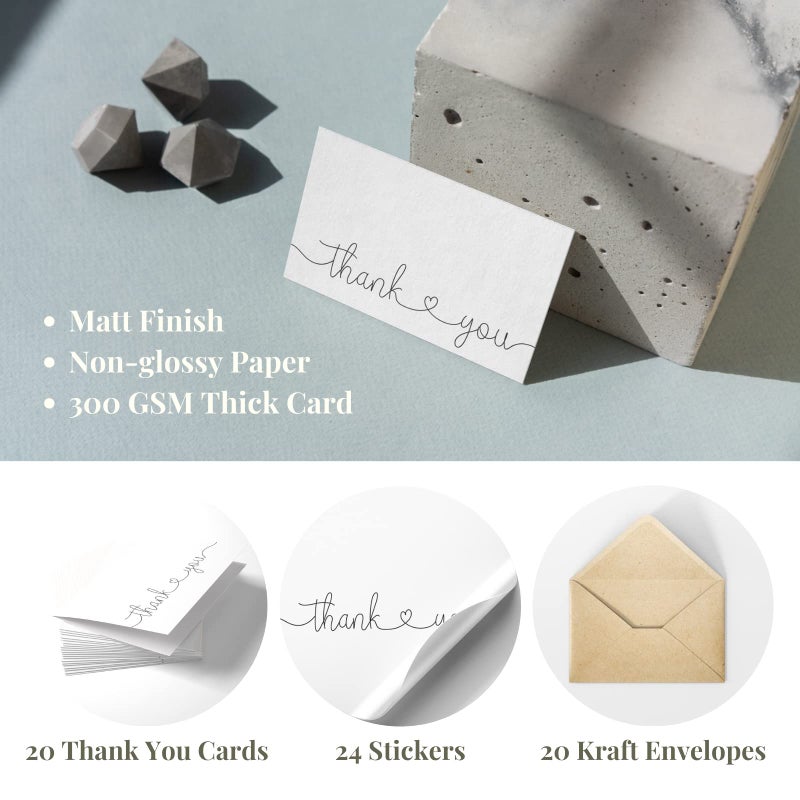 Paper Play Thank You Cards with Kraft Envelopes and Stickers, Bulk Pack of 20, 4x6 Inch Professional Looking - Suitable for Business, Baby Shower, Wedding, Small Business, Graduation, Bridal Shower, Funeral - Image 2